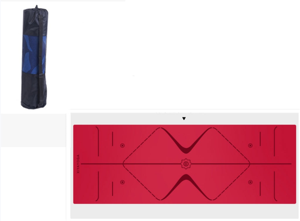 Image shows red yoga mat and an image of the mat rolled up into a bag